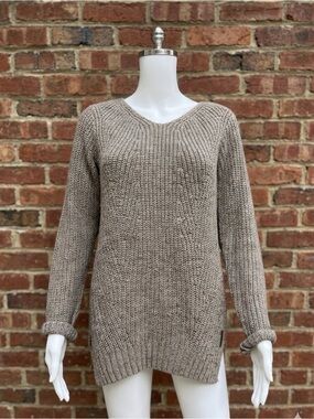 Roots Acrylic Wool Knit V-Neck Side Split Longline Brown Tunic Sweater Size S